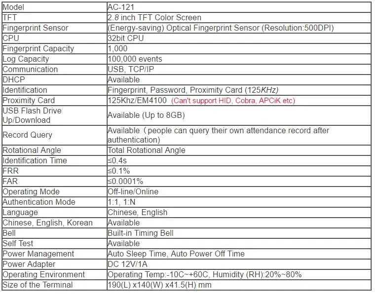 Realand A-C121 Фингерпринта, TCP/IP+ USB связи+ USB, сверхурочная расчета и поддержания