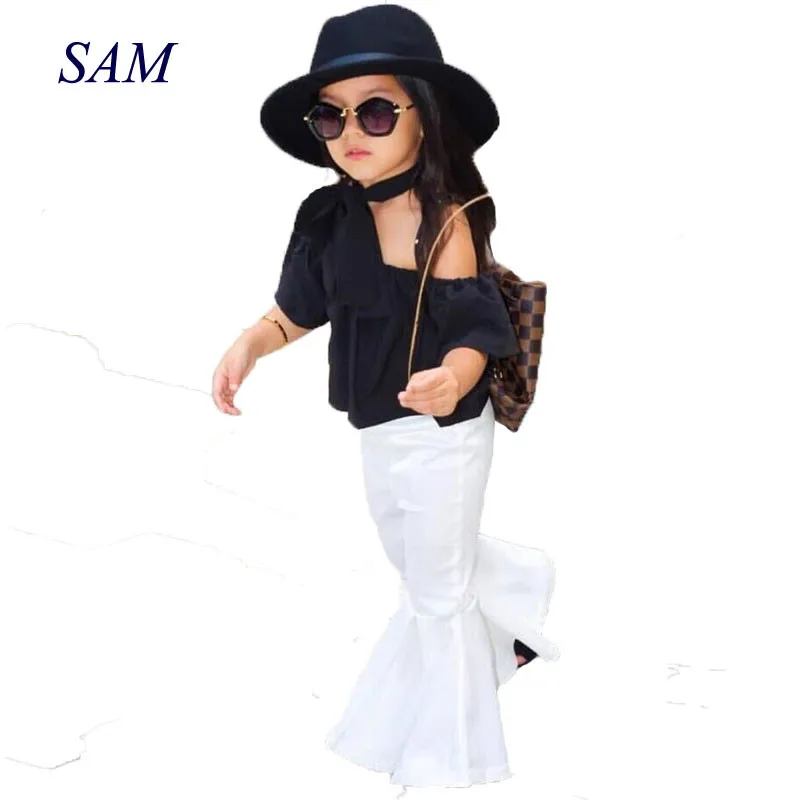 

2019 summer girls fashion clothing sets children's strapless flare sleeve tops + white mermaid pants 2 pcs suit kids clothes
