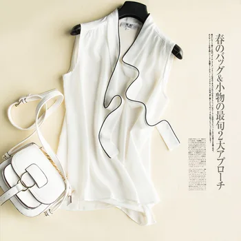 

Women's Sleeveless Nature Silk Shirt Bottoming Vest Bow Tie Ribbon Coloring Loose Tops