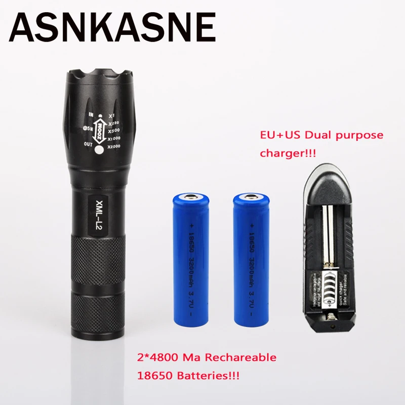

High Quality Cree XML L2 5 Modes Zoom Focus Waterproof LED Flashlight Torch Aluminium Alloy Light Lantem+2*18650+Charger