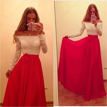 

2019 Cheap White and Red Off The Shoulder Prom Dress Long Sleeve Floor Length Sexy Lace Chiffon Evening Gowns Long Party Gowns