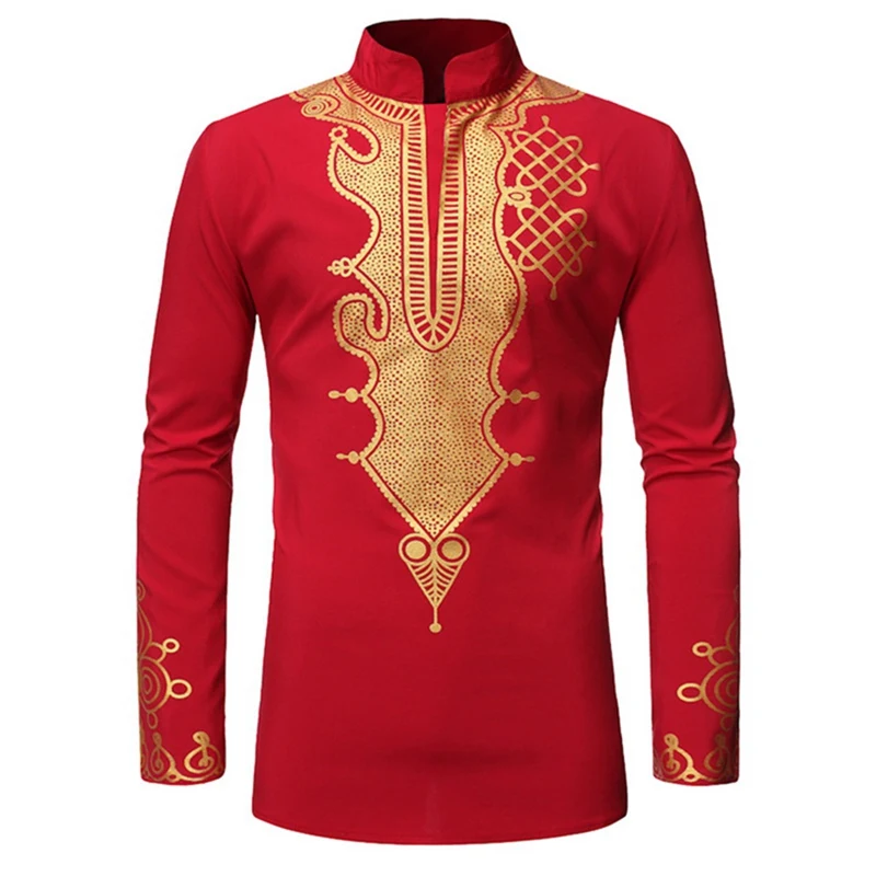 

MJARTORIA Autumn Ethnic Men Shirt Tops Stand Collar Printing Shirt Charm Maxi Men Shirt Africa Masculina Plus Size 2XL Dashiki