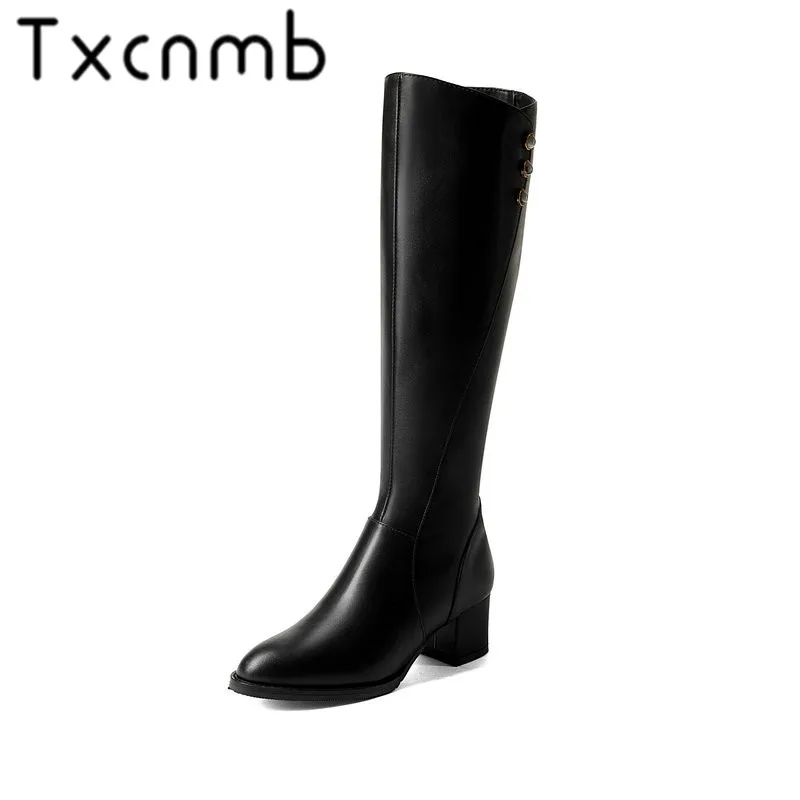 

TXCNMB Knee Boots Women Platform Genuine Leather High Female Booties Round Toe High Heel Black Winter Shoes Woman Szie 42 43
