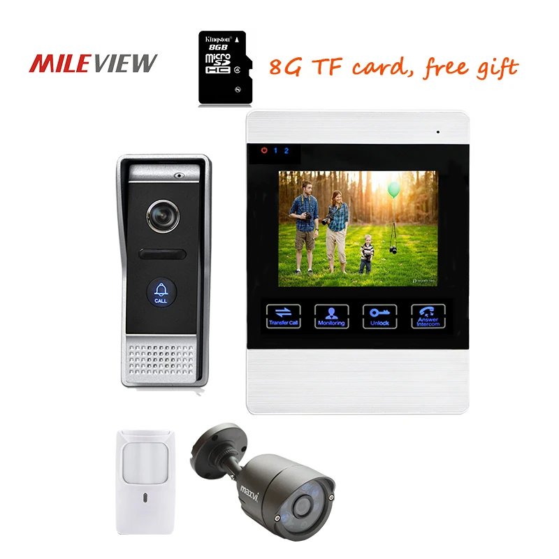 

Free Shipping 800TVL 4.3" Screen Video Intercom Door Phone Record Kit 110 Angle Waterproof Door bell Camera + PIR + CCTV Camera