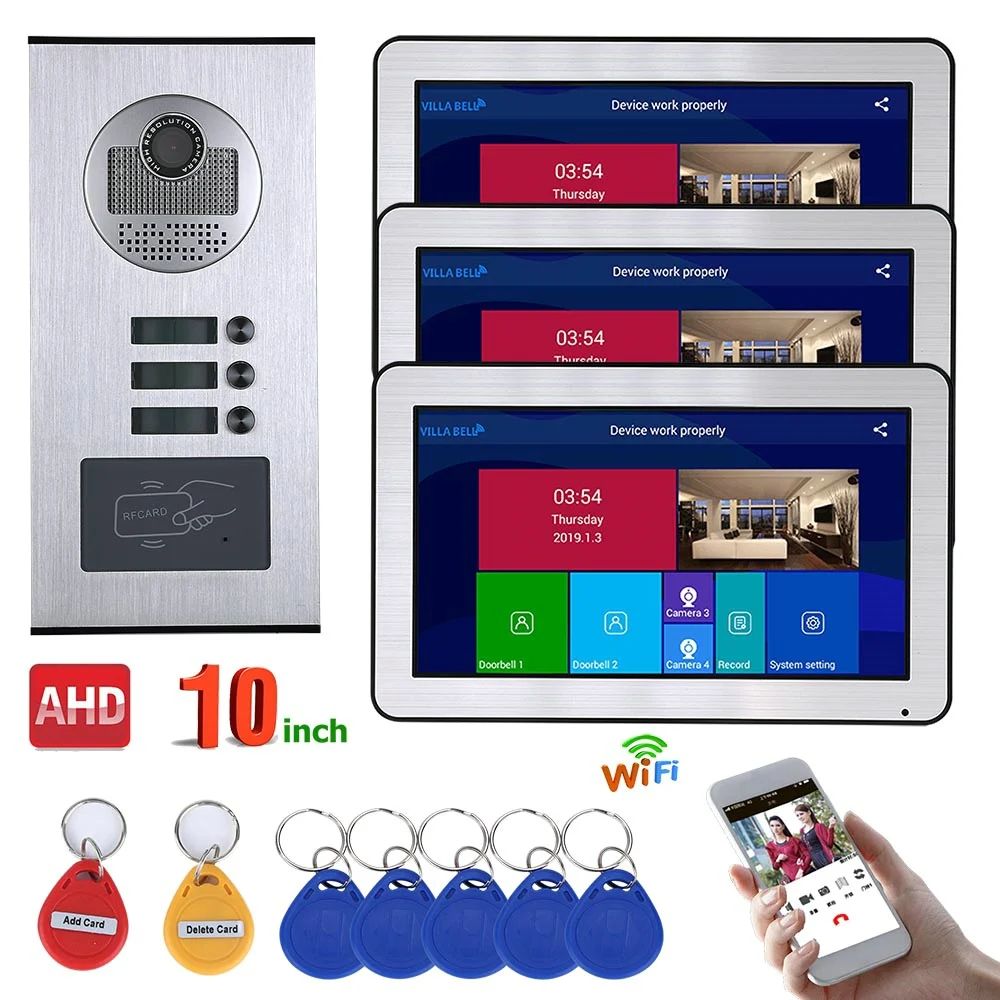 buy MAOTEWANG Wired Video Intercom Systems 3 apartments 10 inch Wifi Video Door Phone System RFID IR CUT HD 720P Doorbell Camera