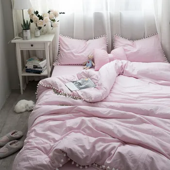 

Pink White Washed Cotton Comforter Bedding Sets Soft and Warm Pompon Lace Princess Bed Set Pillowcase/Bed Sheet/Duvet Cover 4pcs