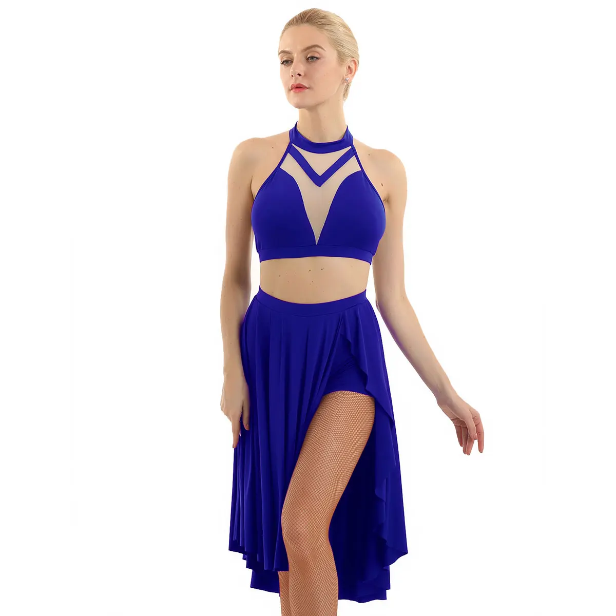 Женское балетное платье с леотаром асимметричное современное лирическое танцевальное платье без рукавов с открытой спиной укороченный топ со встроенными шортами юбка - Цвет: Blue