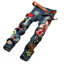 Модные дизайнерские джинсы мужские тонкие прямые леггинсы длинные брюки Вышитая эмблема узор узкие джинсовые брюки Сплит повседневные джинсы