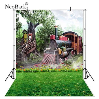 

NeoBack Thin Vinyl Spring View Photography Background Locomotive Train Computer Printed Children Backdrops for Photo Studio 4411