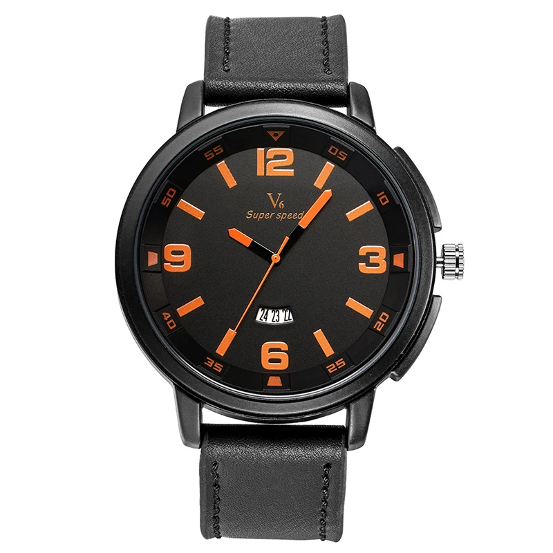 

V6 Men Military Leather Band Strap Pin Buckle Trendy Wrist Watch Cool Date-Day Analog Men Sport Business Quartz Outdoor Orange