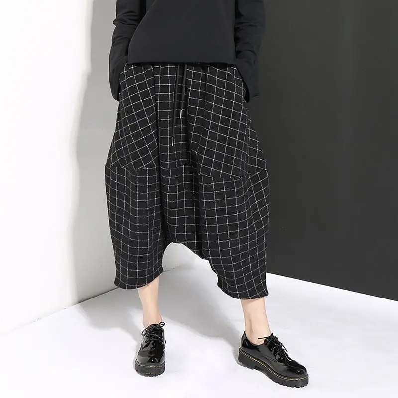 2017 New Casual Boyfriend Harem pants women Plaid calf