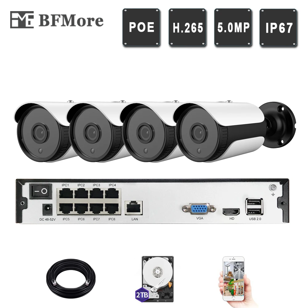 BFMore 4ch 5.0MP 4.0MP POE Комплект H.265 + система видеонаблюдения 8ch NVR ip камера наружная ИК