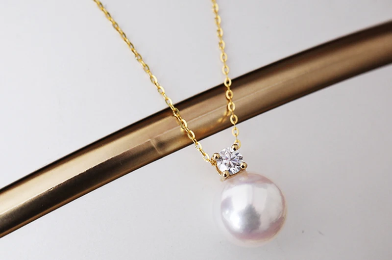 Real diamond princess pendant 8.5-10.5mm Natrual round pearl charm necklace in 18k Au750 gold with 45cm chains for women ladies (5)