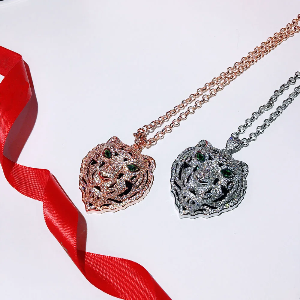 

New Pure 925 Sterling Silver Fashion Onyx zircon Tiger head Necklace Party Jewelry Luxurious White/Rose Gold Tiger Sweater chain