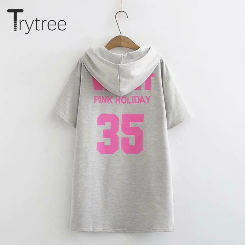 Trytree летние Повседневное Для женщин длинная футболка с капюшоном буквенным
