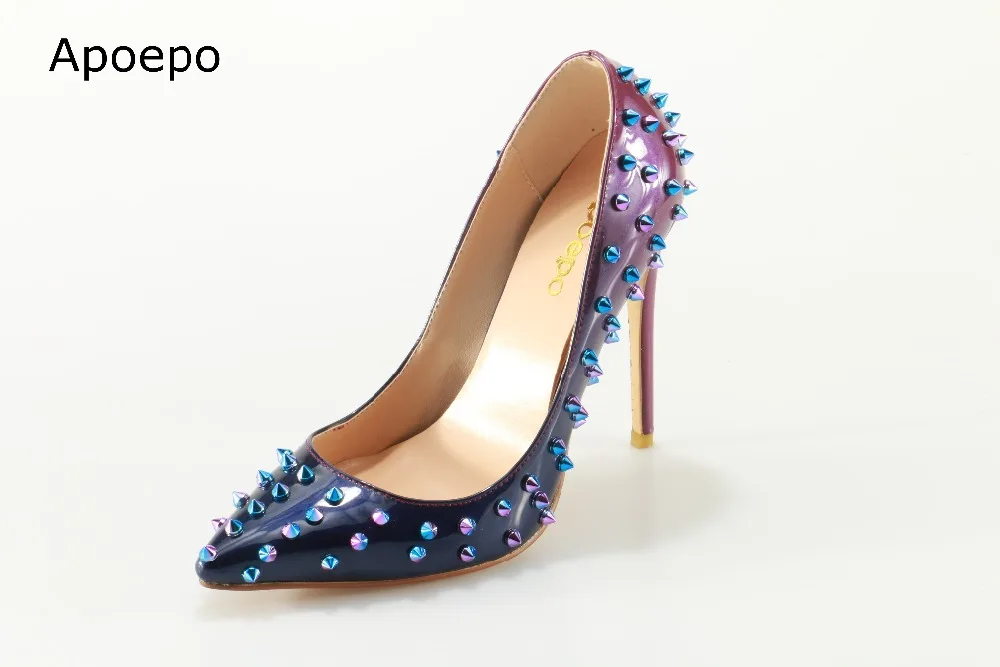 

Hot Selling Colorful Rivets Studded Pumps For Woman Super High Pointed Toe Stiletto Heels Fashion Leather Party Heels B113