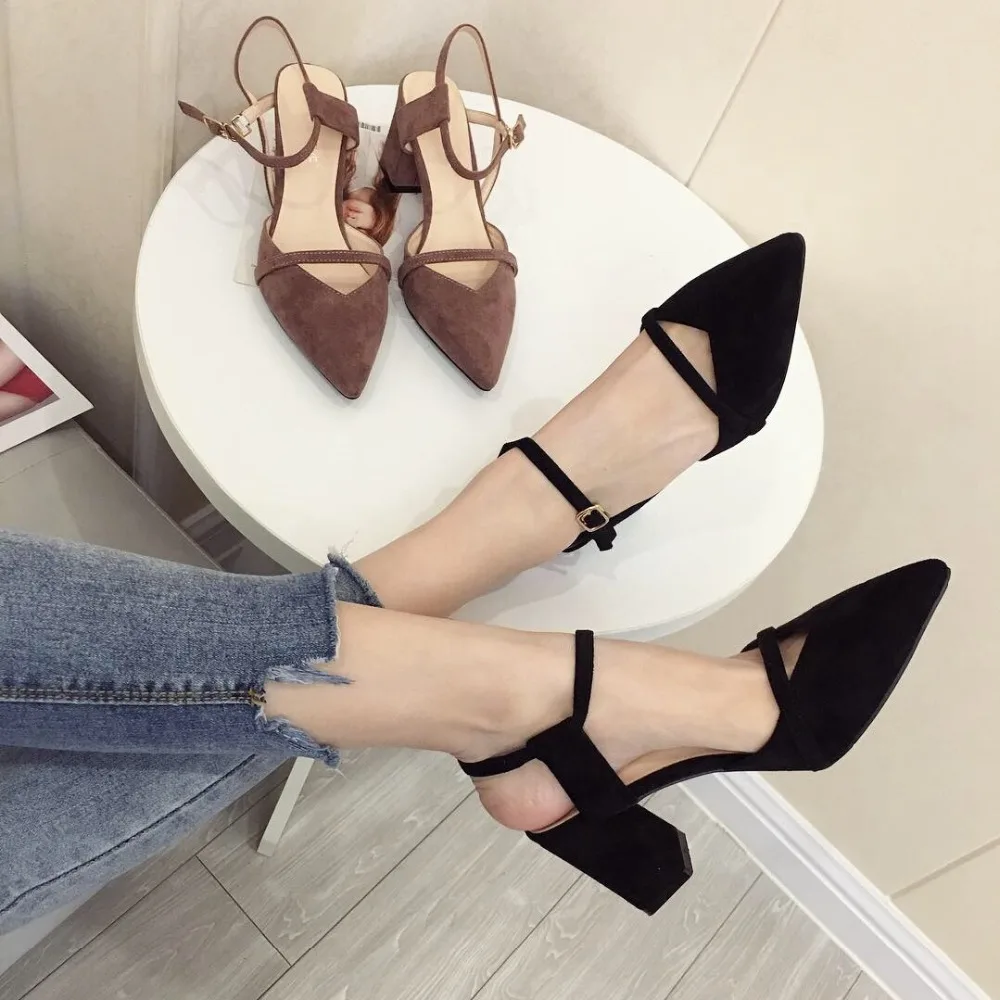 

2019 spring and summer new word with suede versatile high heels pointed thick with back sandals