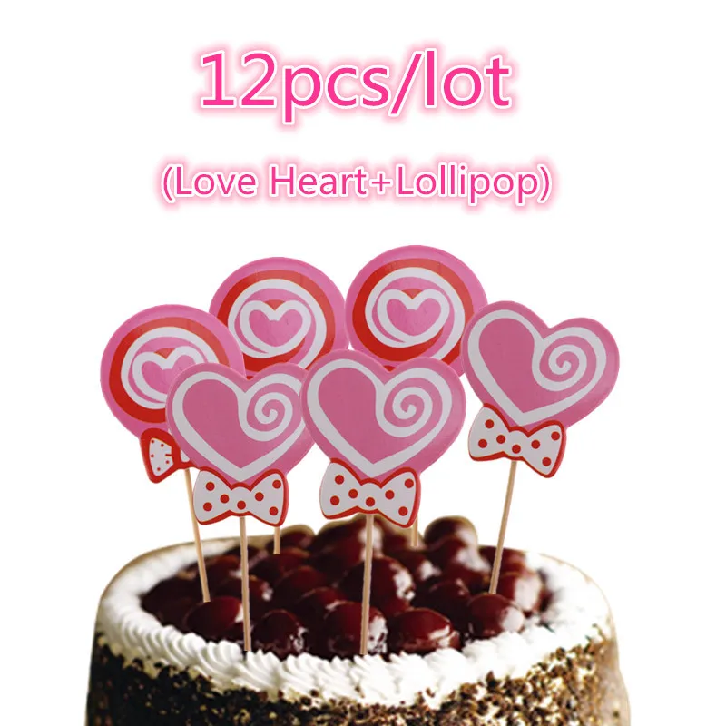 12pcs/lot Love Heart pink Lollipop Happy Birthday Cake Topper Flags For Birthday Wedding Engagement Party Cake Baking Decor