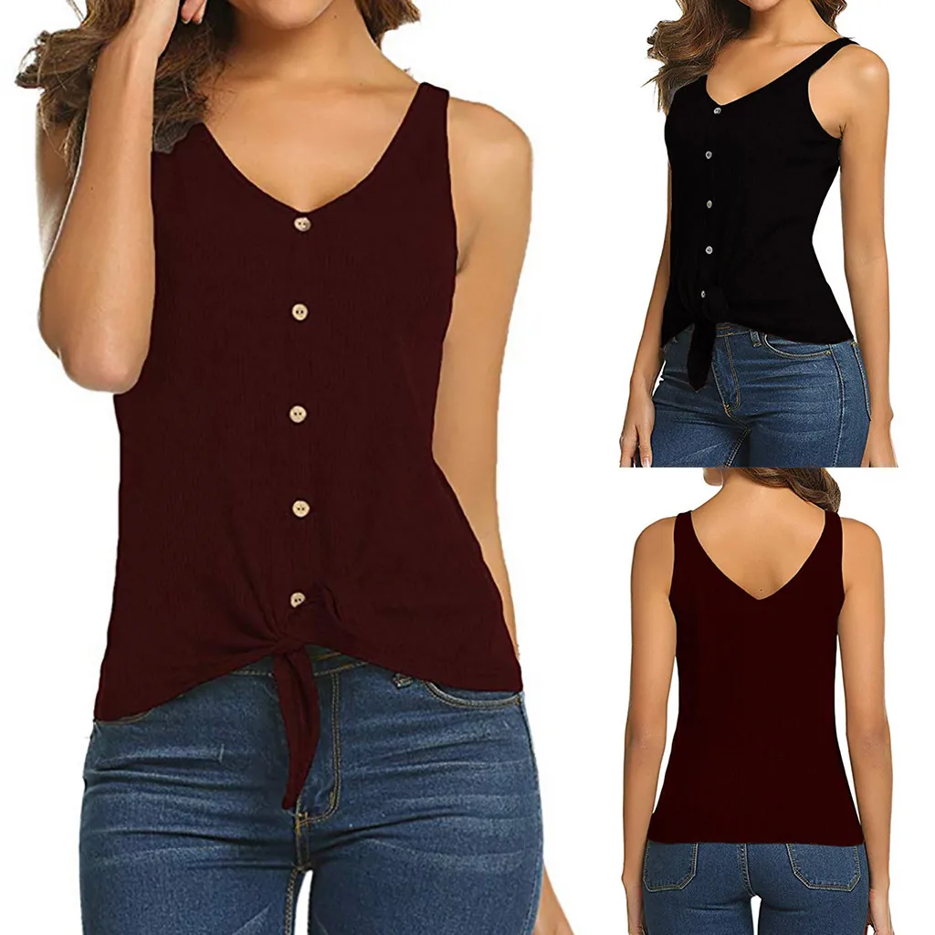 

Womens Waffle Knit Tunic Tie Knot Tops Loose Fitting Bat Wing Plain Shirt Ladies summer casual vest top camiseta mujer tirantes