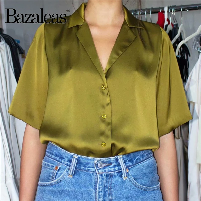 

Bazaleas Vintage Turn down blusas mujer de moda 2019 Fashion Like silk Satin blusa feminina Smooth women blouse drop shipping