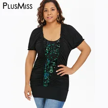 Плюс размера плюс 5XL 4XL с рюшами и блестками Туника Топы Тройник Лето с коротким рукавом вечерние женские футболки большого размера