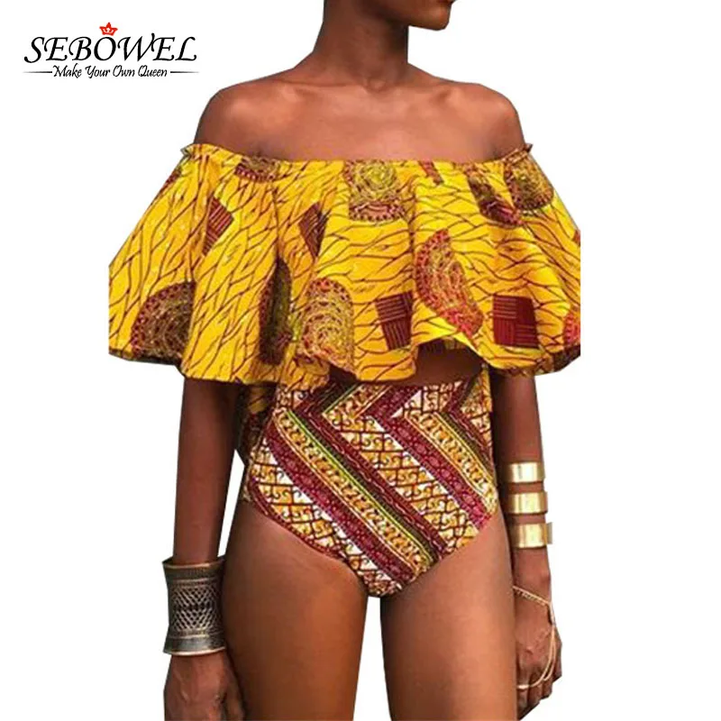 

SEBOWEL 2019 Sexy Off Shoulder Swimwear Women Africa Tribal Print Ruffle High Waist Bikini Swimsuit Female Bathing Suits Biquini