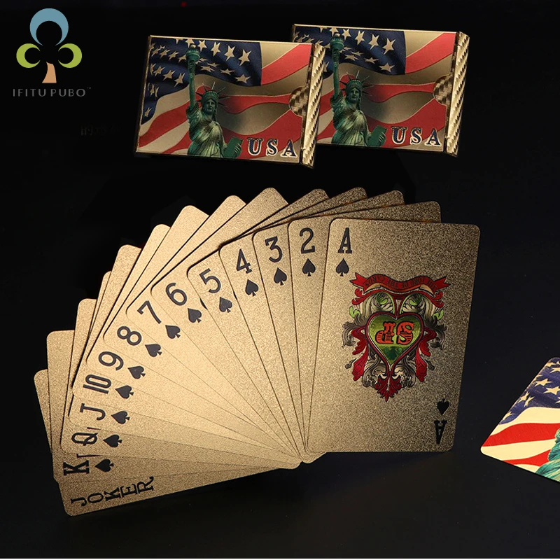 Goedkoop Een Deck Goudfolie Poker Vrijheidsbeeld Stijl Plastic Poker Speelkaarten Waterdicht Kaarten Goede Prijs Gokken Board game GYH