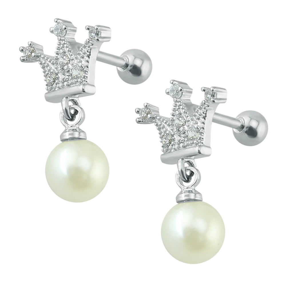 Princess imperial crown earrings stainless steel dangle long pearl