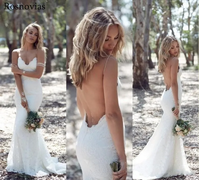 

Summer Bohemian Mermaid Wedding Dresses 2019 V Neck Open Back Sweep Train Lace Appliques Garden Beach Bridal Gowns Customized