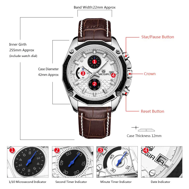 MEGIR quartz male watches Genuine Leather watches racing men Students game Run Chronograph Watch male glow hands for Man 2015G - 6