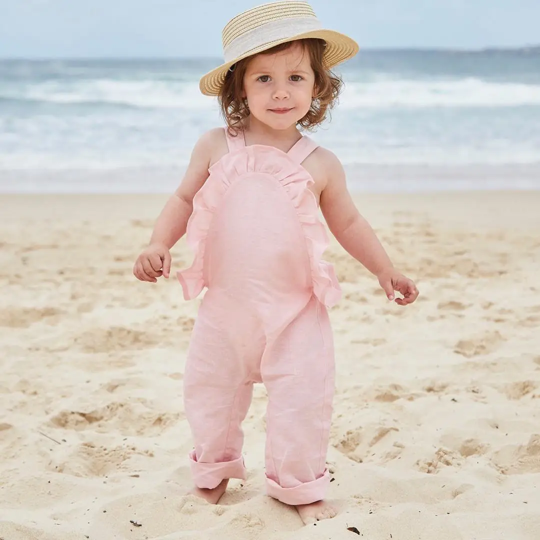 

3M-4Y Cute Infant Baby Girls Toddler Solid Color Ruffles Blackless Romper Newborn Girls Cotton Overalls Jumpsuits Beach Costumes