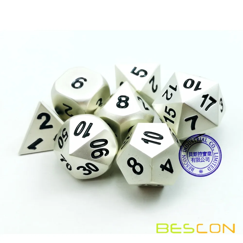 Bescon RPG Metal Dice Set of 7 Matt Pearl Silver Effect Solid Metal Polyhedral RPG Role Playing Game Dice 7pcs Set 5