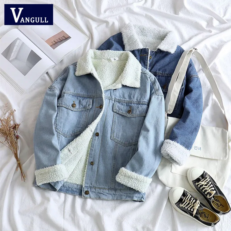 

Vangull Spring Fur Jean Denim Jacket Women Winter Front Button Flap Pockets Blue Bomber Jacket Coat Fleece Lined Outwear 2019