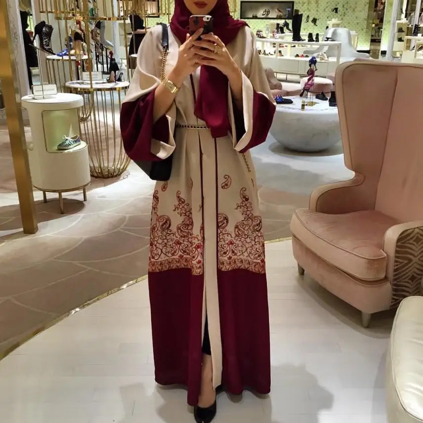 2018 fashion red print Muslim dress Women Abaya Middle East Long Robe...