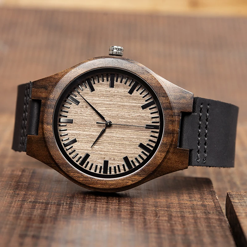 BOBO BIRD Ebony Wood Watch Men Quartz Wristwatches Timepiece With Leather Strap Women Best Gift In Box relogio masculino V-F08