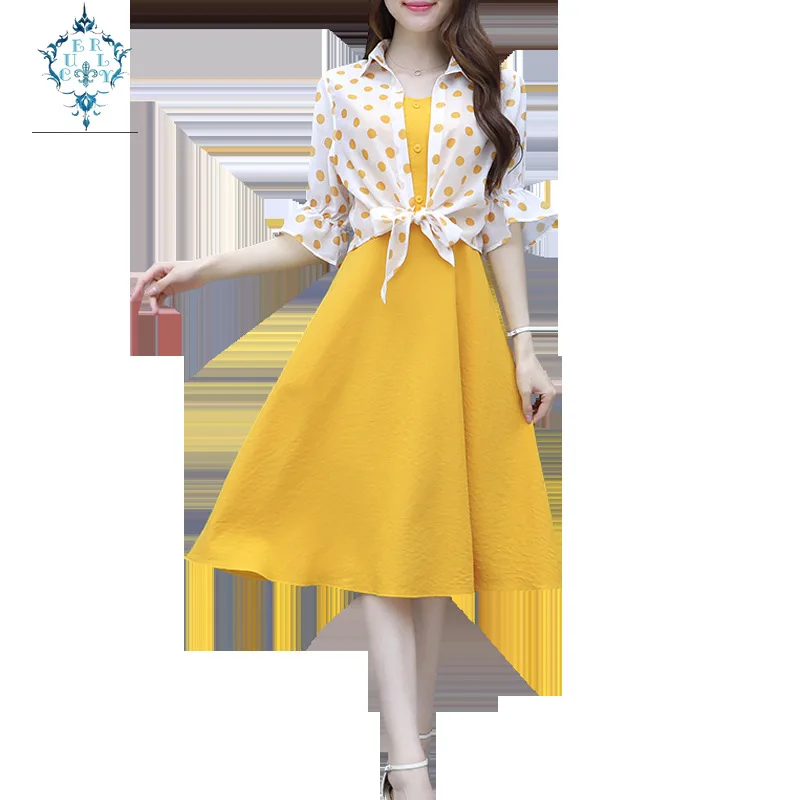

CUERLY 2019 summer Two-piece sets Spaghetti Strap Buttons off Shoulder dress women dot flare sleeve Sunscreen Shirt Casual dress