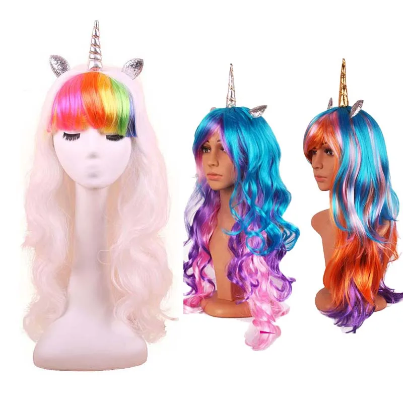 Perruque de Cosplay licorne arc-en-ciel | Longue, déguisement d'halloween pour enfants filles, décoration de noël, cadeau d'anniversaire pour nouvel an