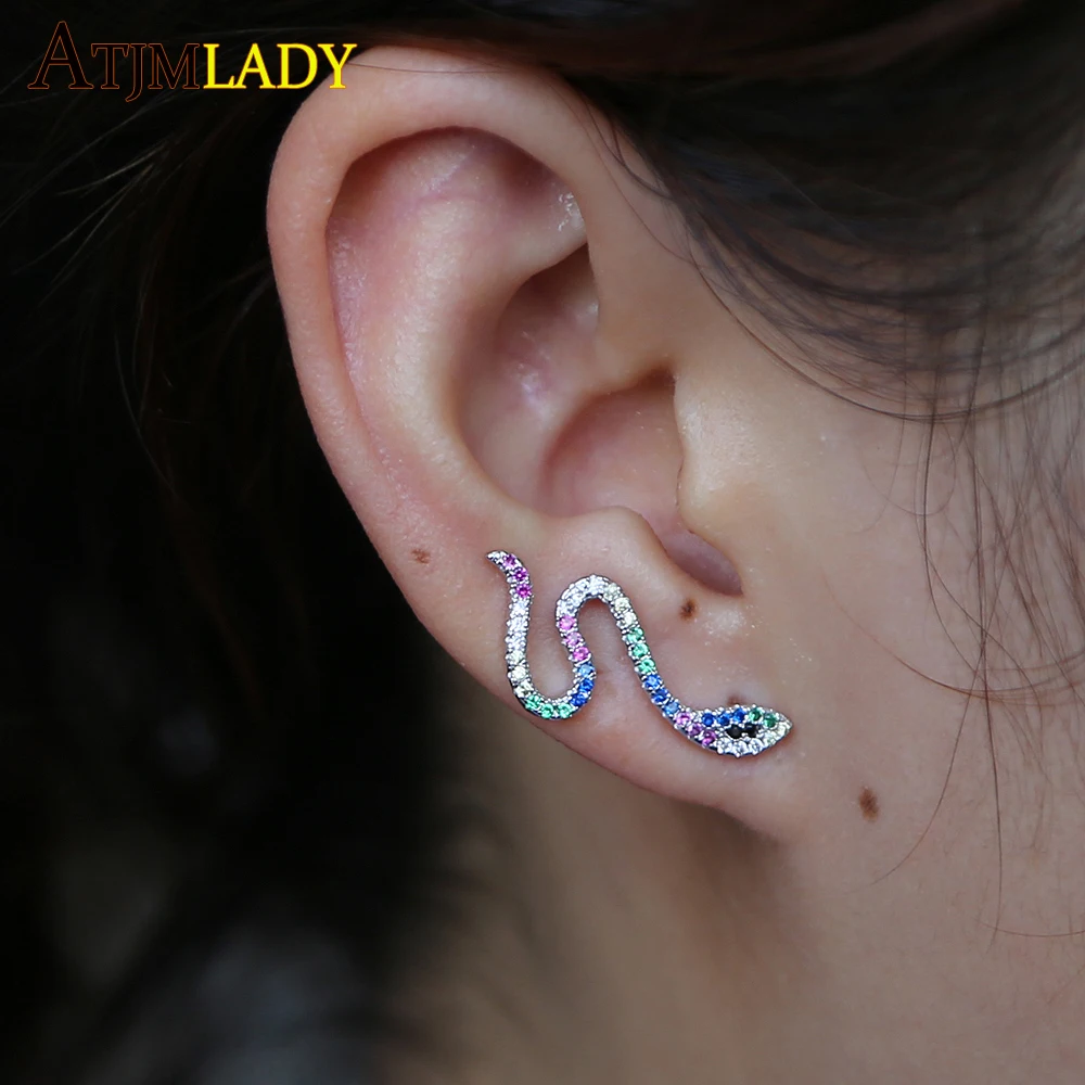 

Earing Aros Fashion Elegant Earrings For Women Ear Climbers Tiny Jackets Snake Shape Rainbow Colorful Cz Brincos Top Quality