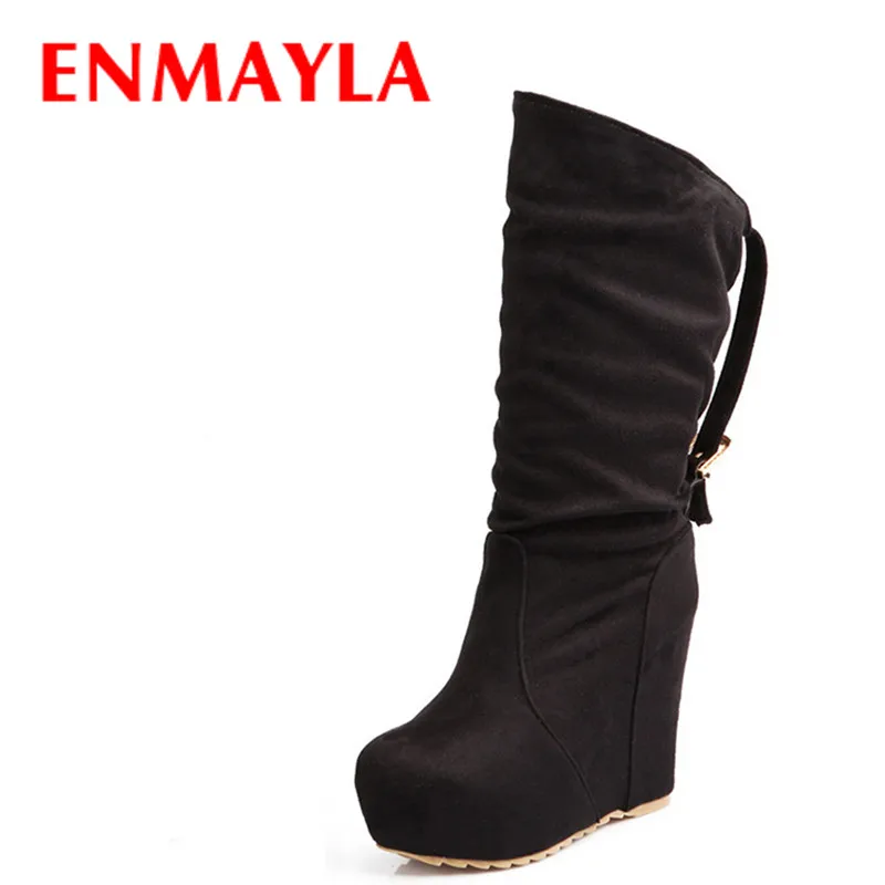 

ENMAYLA New Autumn Winter Fashion Mid-Calf Women's Wedges Flock Women High Heels Boots Round Toe Martin Boots Black Red Blue