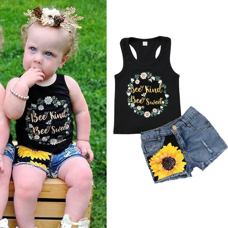 

Fashion Kids Baby Girl Clothes Outfits Floral T-shirt Tops +Denim Jeans Pants Shorts Sets
