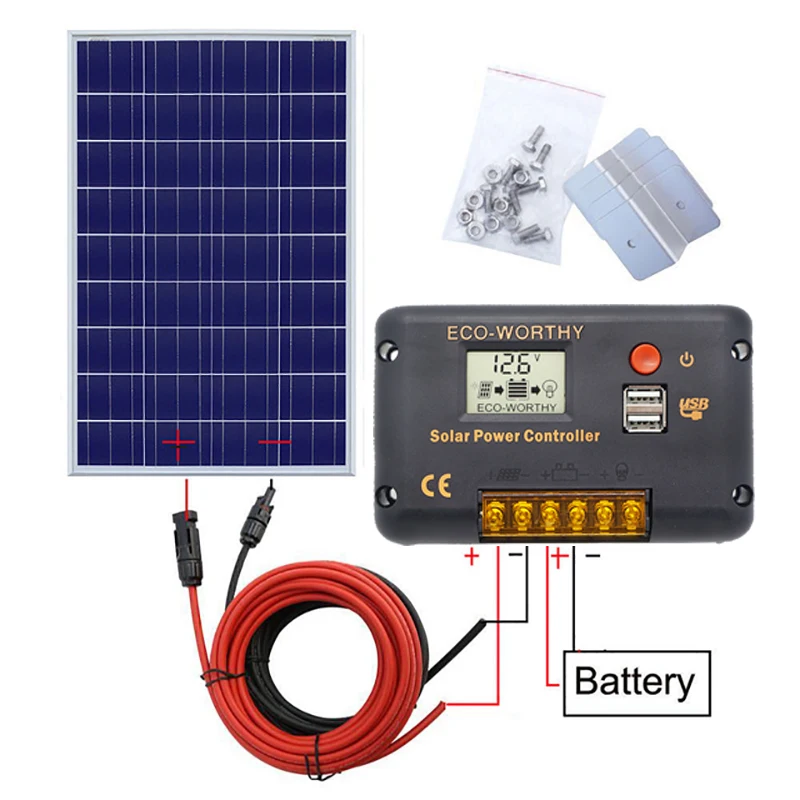 

120W 18V Solar power Panel System: 120W poly panel with 20A Controller with 5m black and red MC4 wires for 12V battery charger