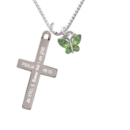 Mini Butterfly with Green Wings & Crystals - Be Still and Know - Cross Necklace (1)