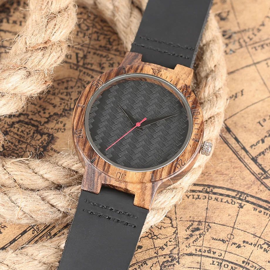 Top Men's Wooden Watches High Quality Black Handmade Natural Wood Bamboo Quartz-watch No Number Face Chic Second Hand Clock Male (38)