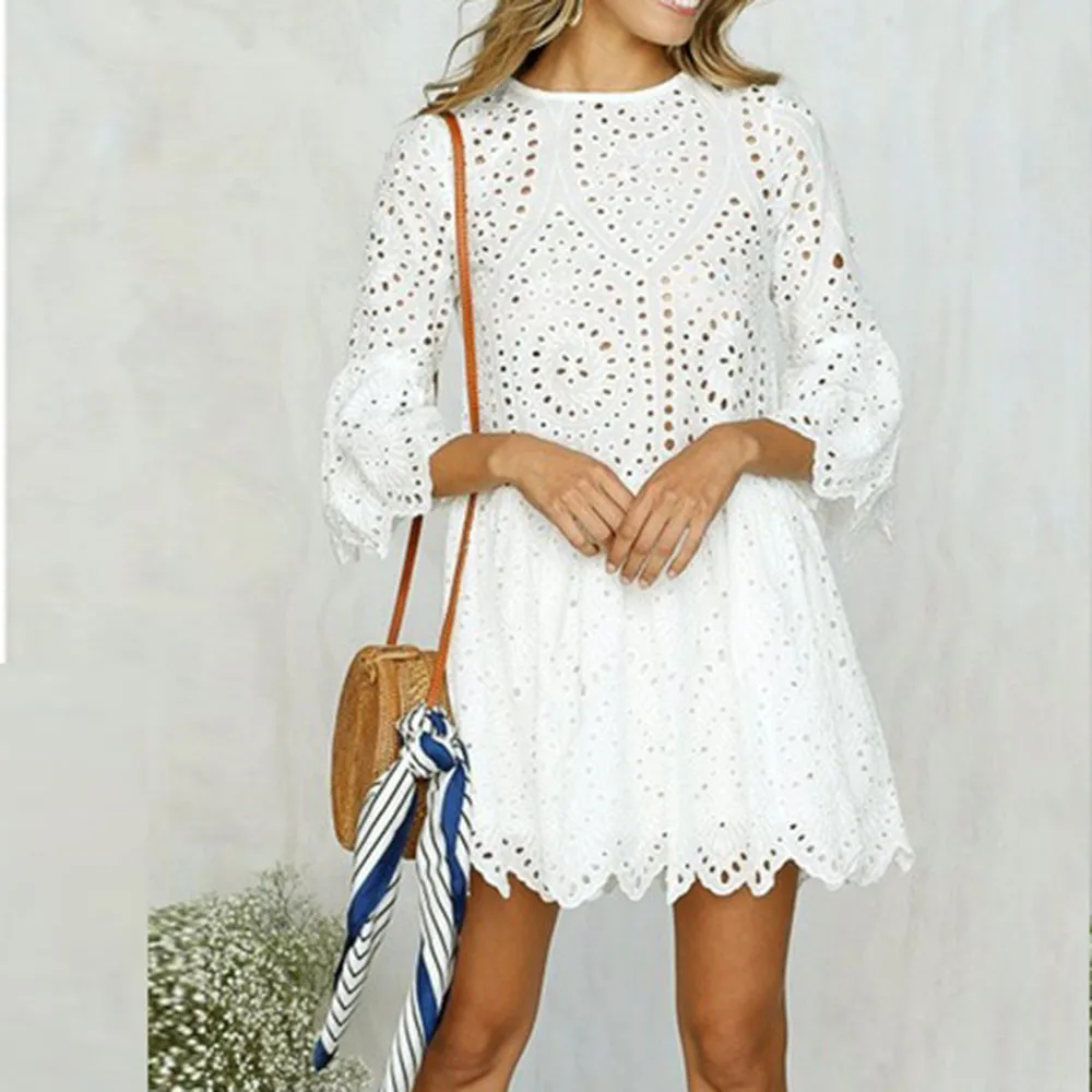 

Summer Lace Mini Dress for Women Solid O-Neck Casual Loose Straight Short Dress Half Sleeve Hollow Out Female Beach Mini Dress