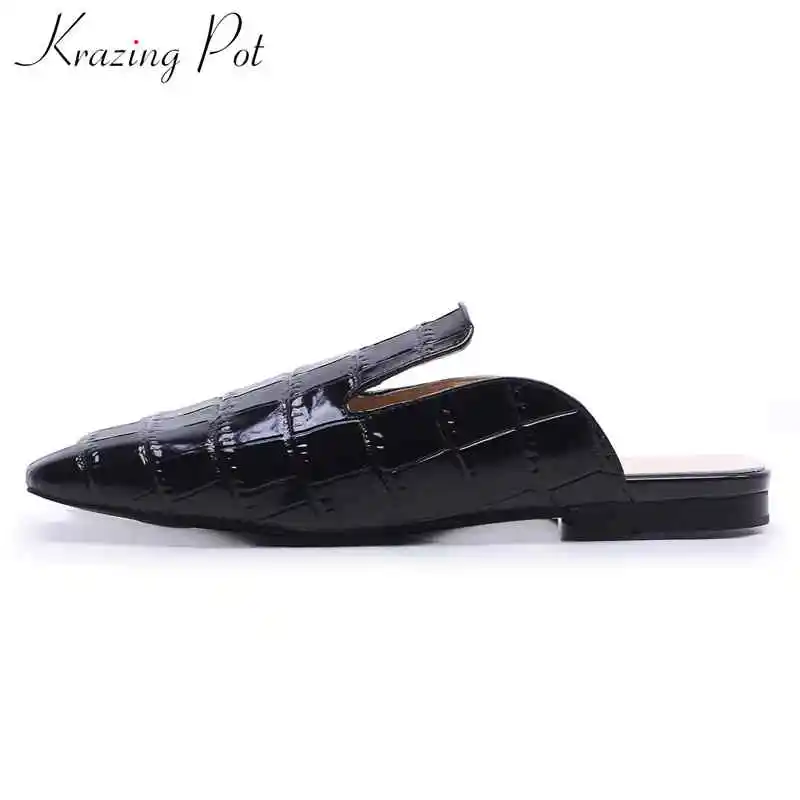

Krazing Pot full concise design grain leather square toe solid color low bottom mules preppy style women all-match sandals L50