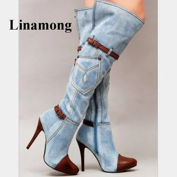 

Hottest Fashion Stitching Denim Buckle Round Toe Pocket Design High Heel Side Zipper Knee-High Winter Women Boots