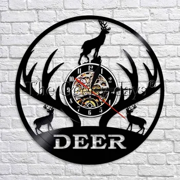 

Deer Horns Design Wall Art Decor Vinyl Record Wall Clock Woodland Deer Hunter 3D Wall Watch Animal Handmade Best Gift