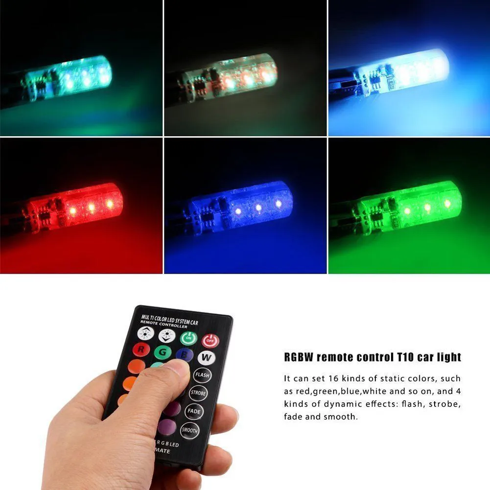 

New Universal 2 Pcs/Set 12V LED Car Light With Remote Control T10 5050 SMD RGB Auto Interior Dome Wedge Strobe Lamp Bulbs DXY88