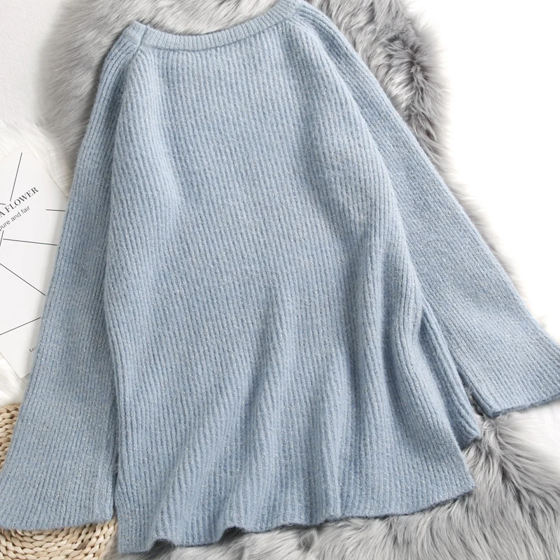 Hirsionsan Блестящий утолщенный свитер с люрексом, женский кашемировый Зимний вязаный пуловер с разрезом, топы с рукавами-колокольчиками, женская одежда больших размеров