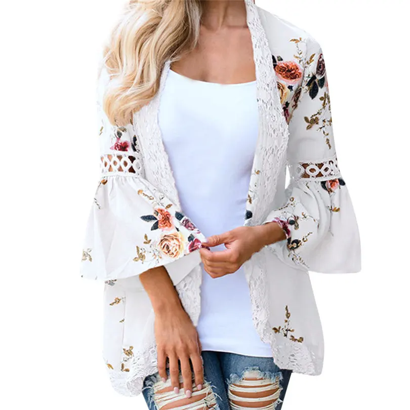 2019 Autumn Spring Women Lace Floral Open Jacket Cape Casual Coat Chiffon Blouse kimono Jacket Cardigan Outwear #E12 (1)